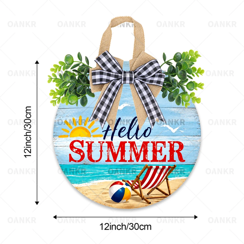 1PC Hello Summer Wooden Door Wreath, 5 Bow & Greenery Styles Available, Beach & Watermelon Round Front Door Hanger for Porch, Entryway & Farmhouse Wall Decor, Classic Signs Hello Summer Beach Scene Print, 2D Flat, 12x12 Inches