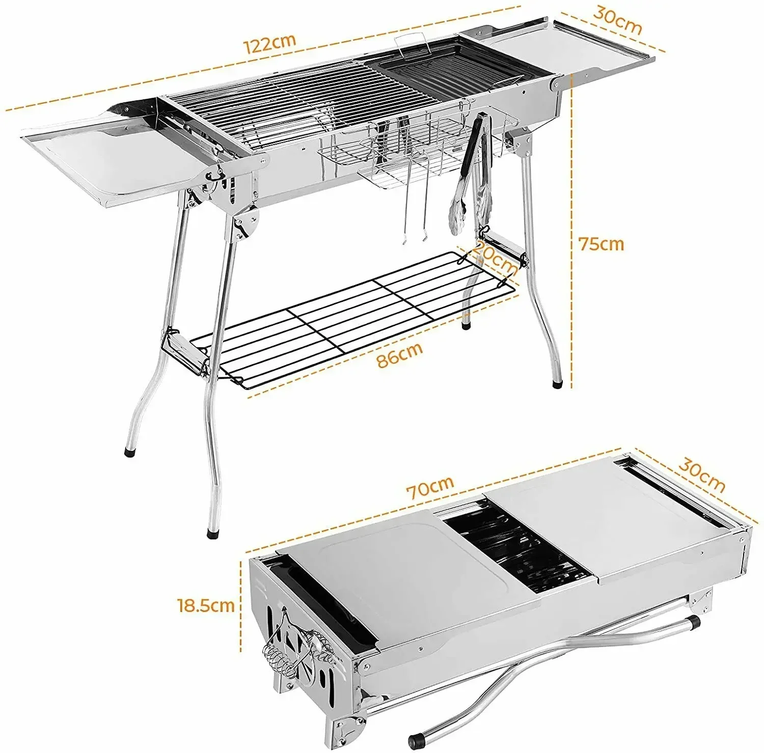 Obrázek 4: Dřevěné uhlí gril nerez ocel, přenosné kemping gril BBQ s dvojitý skládací křídla, nepřilnavý kotlík, nastavitelný ventilace