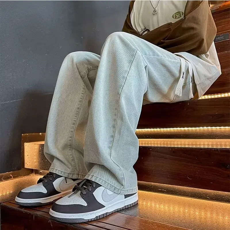 

Модные мужские джинсы свободного кроя, прямые, повседневные, спортивные, весенне-осенние, универсальные, студенческие, модные, широкие, длинные брюки