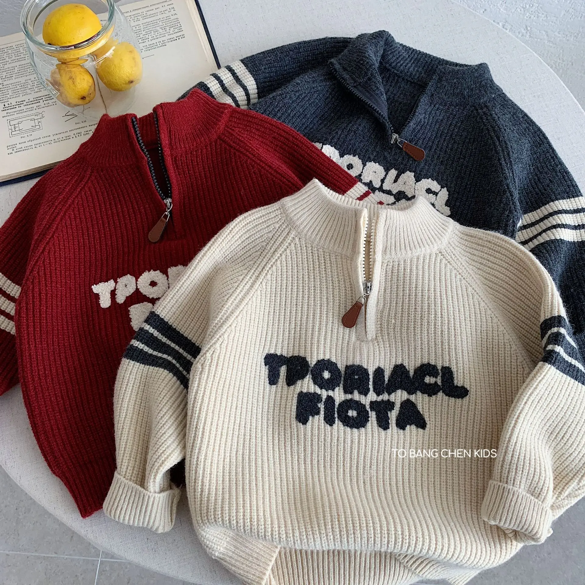 Kids Clothes Winter Sweaters Winter New Style Zipper-neck Embroidered Letter Stand-up Knitted Sweaters Winter Base Layer Tops