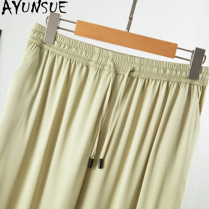 

AYUNSUE 93% Silk Women's Pants and Trousers Korean Style Casual Pants for Women Solid High Waist Wide Leg Pants Woman Clothes