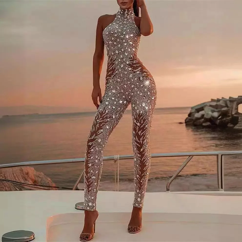 New European and American Sexy Nightclub Shiny Rhinestone Elastic Jumpsuit Stage Performance Costume