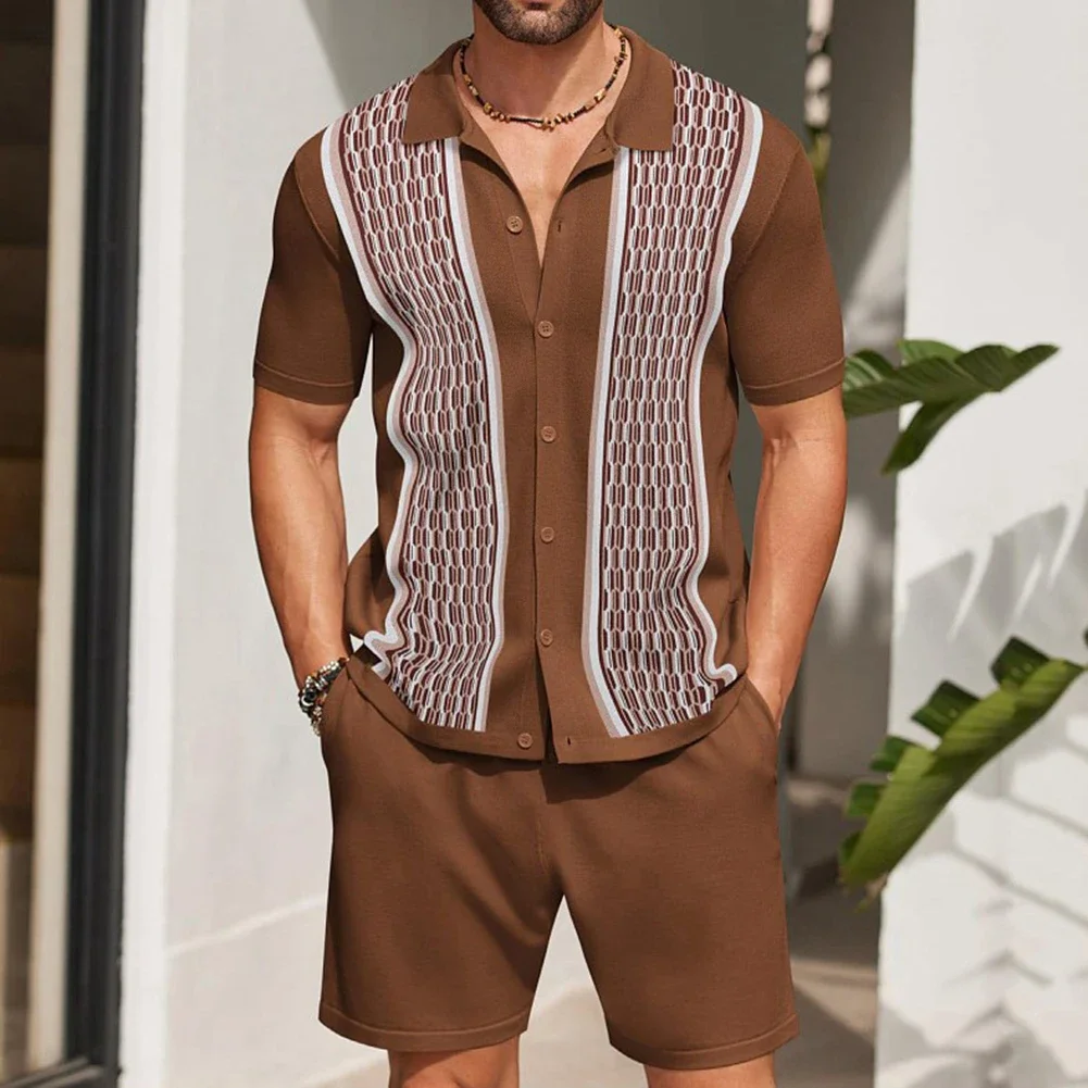 Conjunto curto leve e elástico masculino, lapela impressa vintage, casual masculino confortável, férias diárias, férias de verão