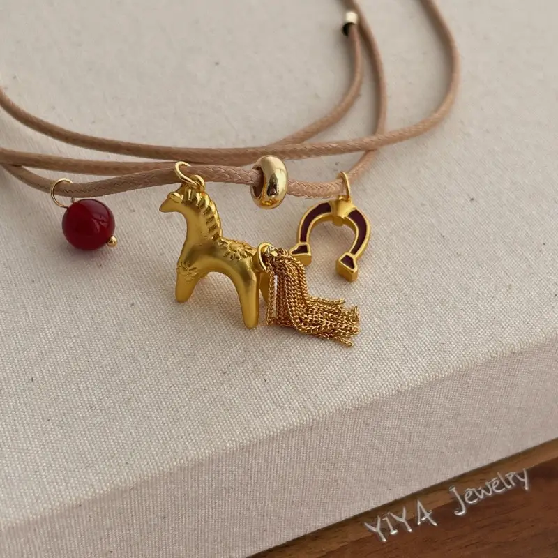 Minar Funny Metallic Cartoon Horse Multi Tassel Beads Pendant Necklaces for Women Female Adjustable Long Wax Rope Chain Chokers - 6