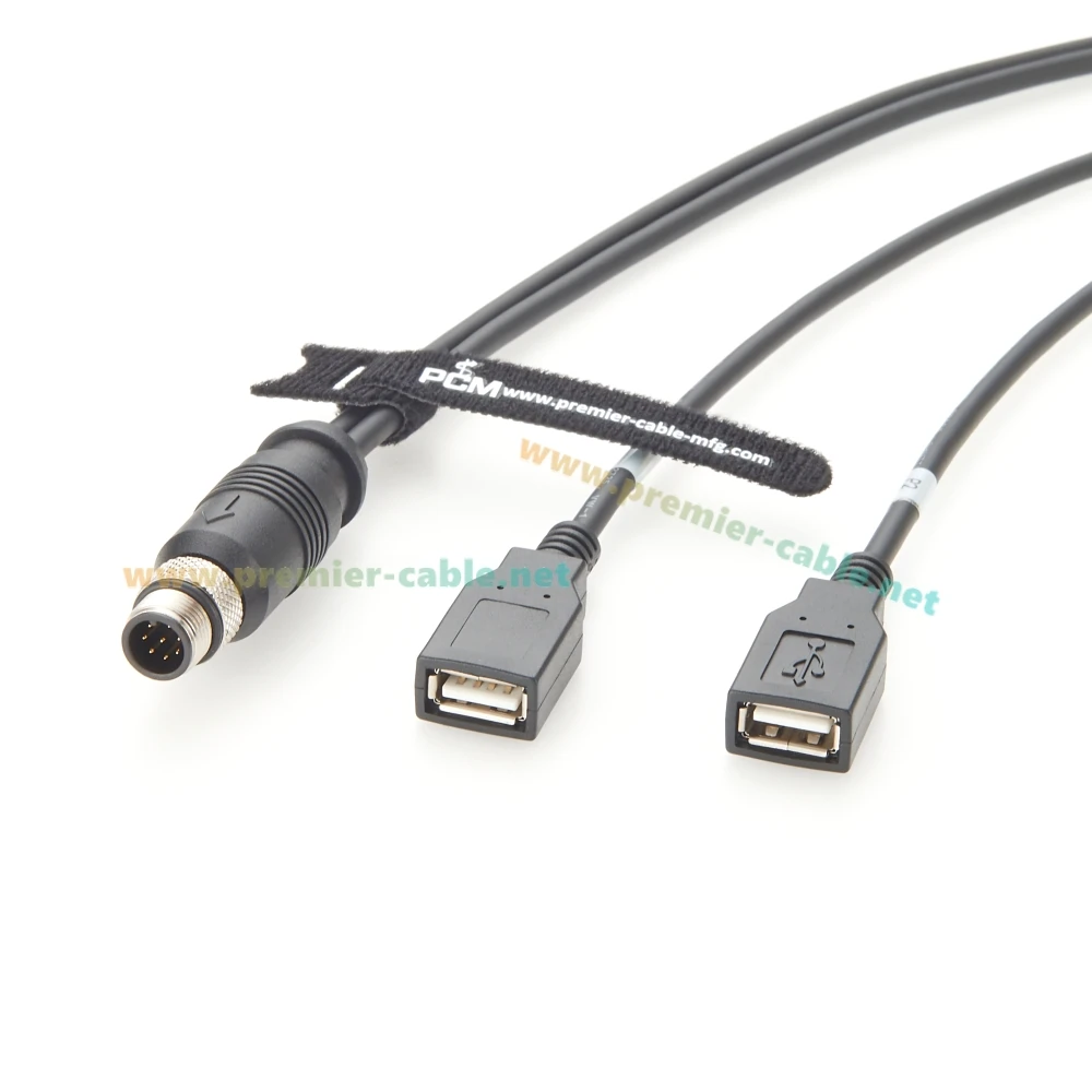 M12 A Code 8-pins mannelijk naar dubbele USB 2.0 vrouwelijk verlengkabel IP67 waterdichte M12 Y-splitterkabel compatibel M12-2USB-300