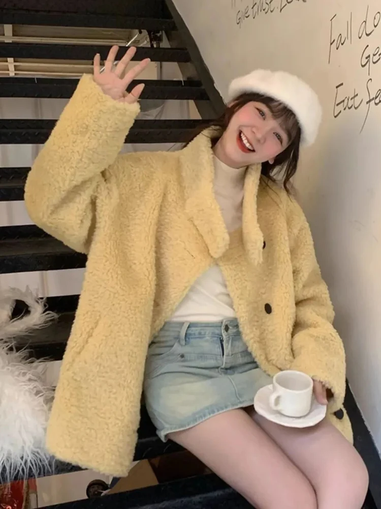 

Zoki Japan Cute Faux Lamb Coat Женское свободное зимнее теплое пальто с длинным рукавом в стиле ретро Повседневная куртка с воротником-стойкой и карманами в консервативном стиле Новый топ