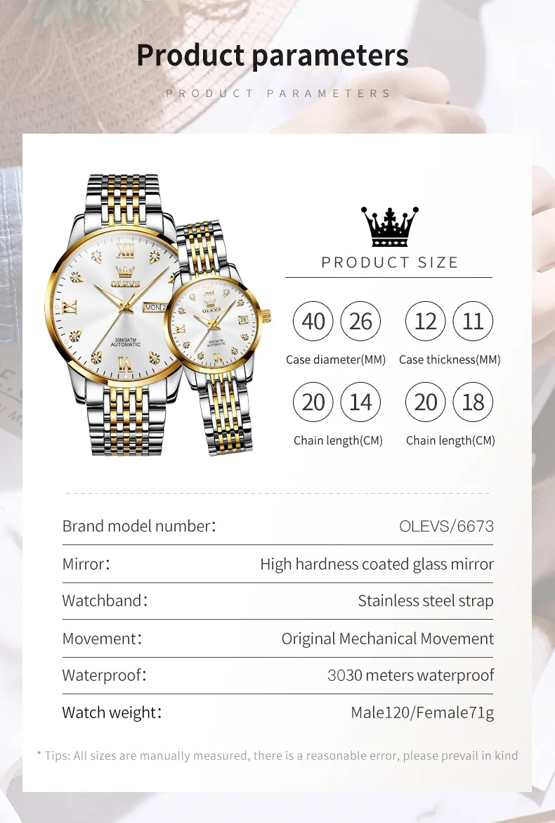 OLEVS 6673 Automatic Mechanical Watch Top Luxury Brand Diamond Men's and Women's Calendar Waterproof Watch His or Her Watch Set