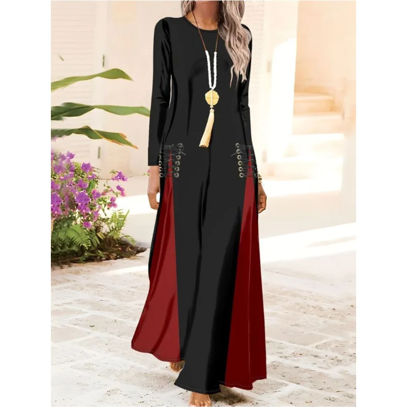 Wmstar 2025 New Women Fashionable Elegant Dress Tight A  Line Large Skirt Hem Long Sleeve Round Neck Dress Color Blocking
