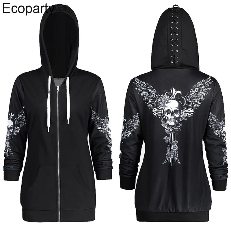 New Women Gothic 3d Skull Printed Hoodie Coat Black Long Sleeves Zip Up Loose Casual Hooded Jacket Aldult Darkness Sweatshirt