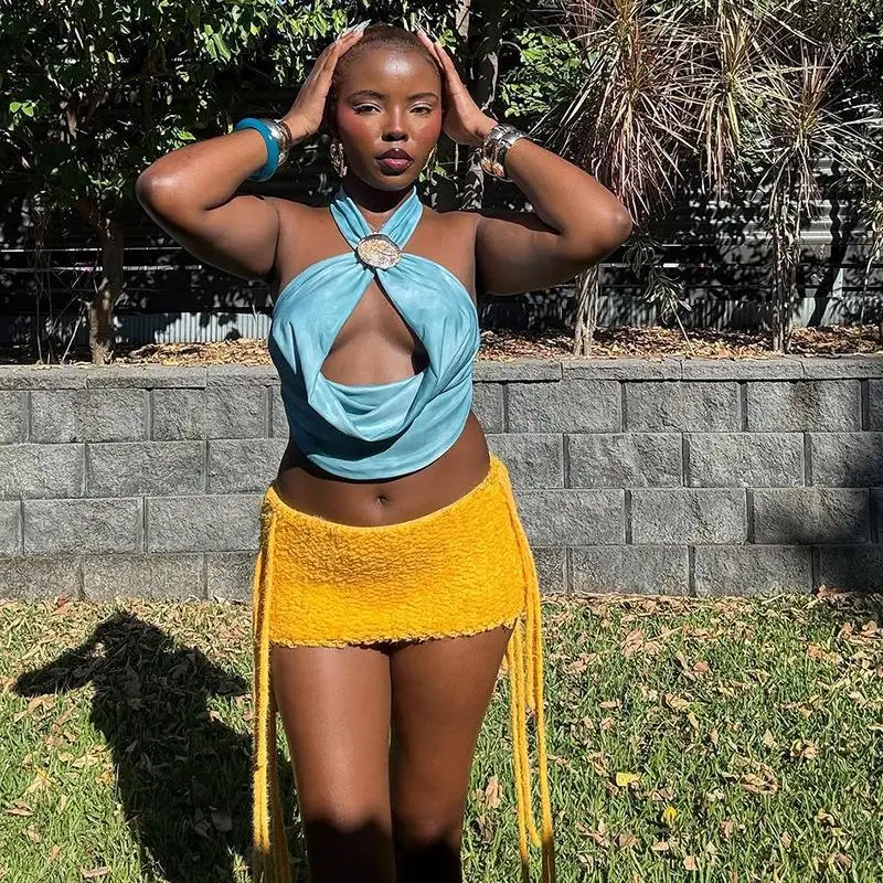 

Лето 2025 г., креативная уличная трикотажная юбка с высокой талией и кисточками, однотонная облегающая юбка-миди для женщин