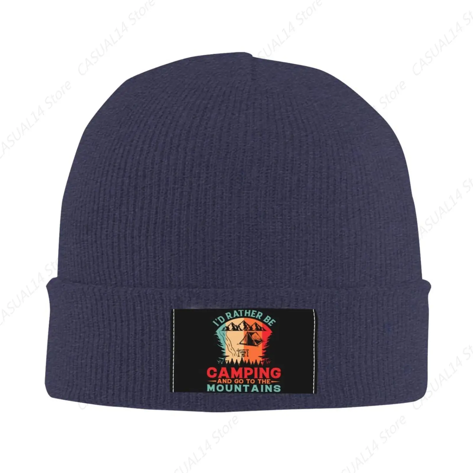 I'D Rather Be Camping And Go To The Mountains Beanie Hat For Men Women Beanies Winter Warm Knit Ski Hat Skull Cap Navy Blue