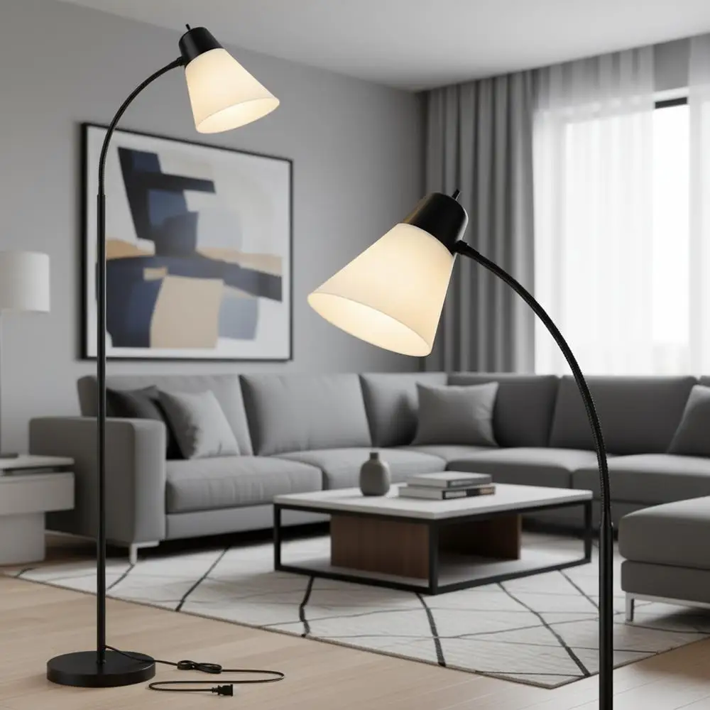 

Регулируемый напольный светильник с белым пластиковым плафоном, черные напольные лампы для чтения или для общежития, лампочка в комплект не входит.