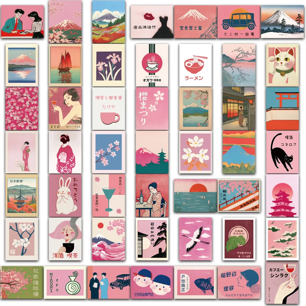 50/100 Uds. Pegatinas estéticas Retro japonesas rosas funda de teléfono equipaje guitarra monopatín taza de agua marco de imagen pegatinas DIY