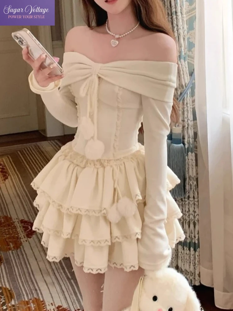 Korean Sweet  Elegant 2 Piece Set Women Off-Shoulder Knit Top + Ruffled Tiered Skirt  Autumn Winter Cute Cream Soft Girl Outfit