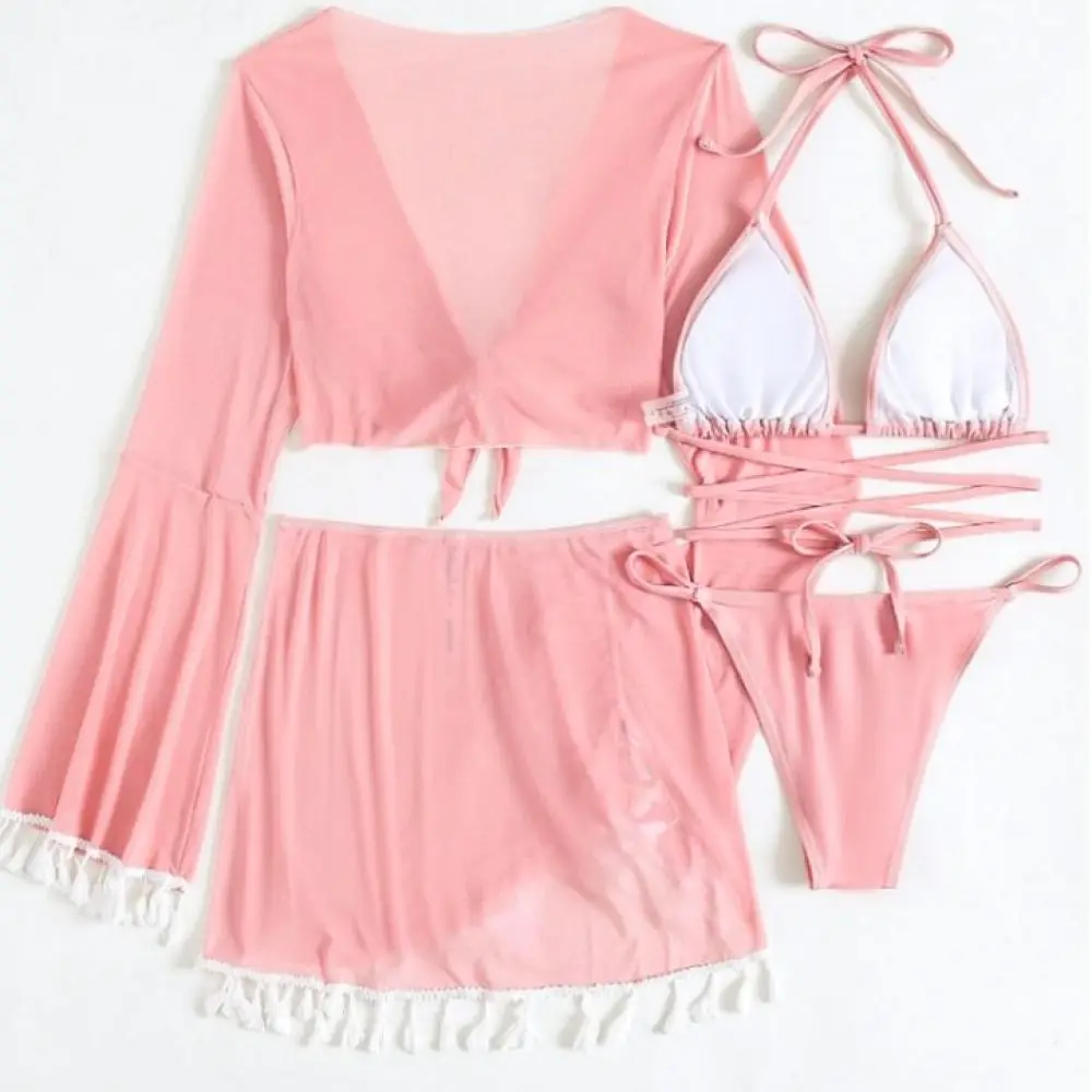 Modest Bikini Set Four Piece Women Swimwear Tassel Mesh Beach Cover Up Sexy Summer Vacation Bathing Suit Beachwear