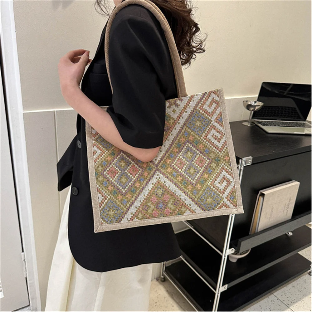 Linen Cloth Tote Bag School Bag Handbag Sling Bag Shopping Bag Handbag Tote Bag Ethnic Style Large Capacity Vintage Handle Bags