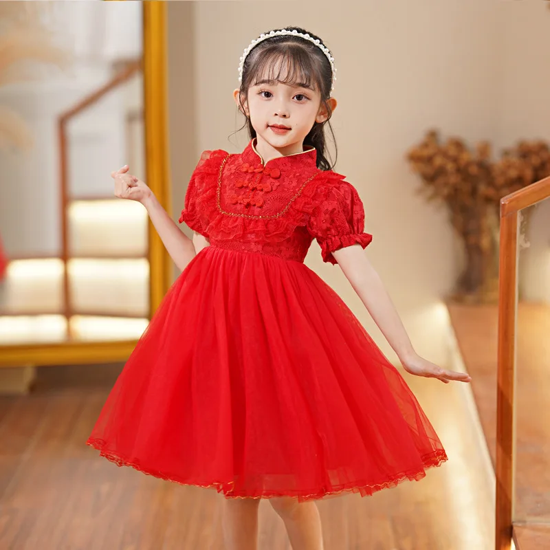 

Girls' Dress Summer New Red Ethnic Style Cheongsam Princess Dress Children's Day Performance Ancient Style Tulle Dress