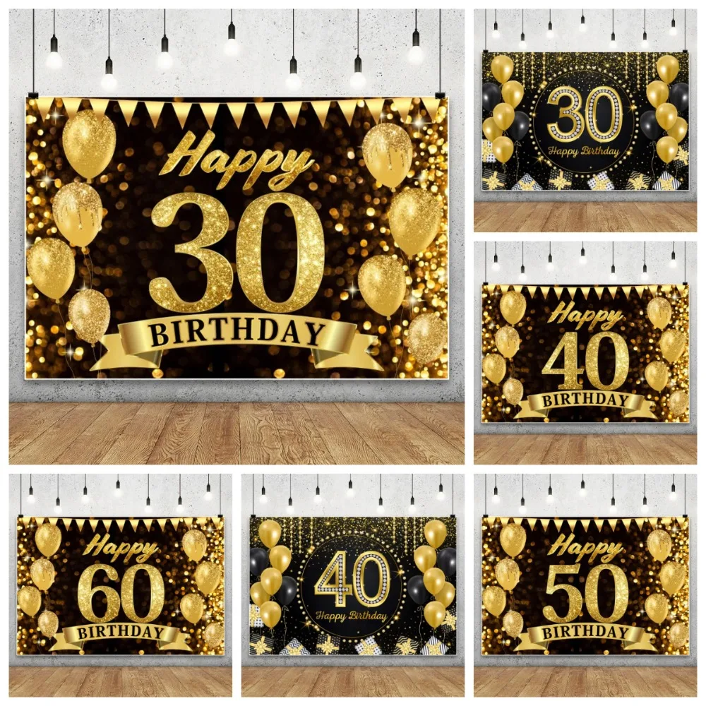 

Golden Sparkling Theme Party Banner Photography Background, Adult Happy Birthday Party Decoration Photography Studio Background