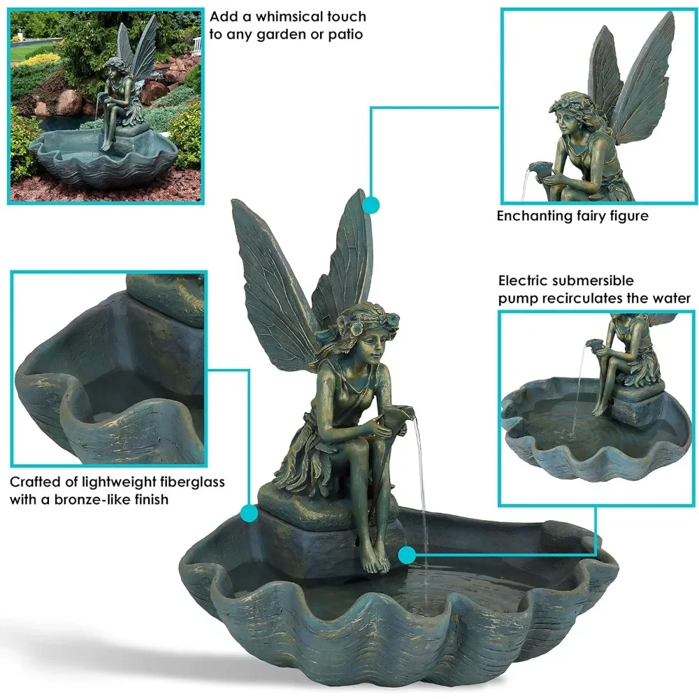 Durable resin fountain  30-Inch H Fairy Shell Outdoor Water Fountain - Waterfall Feature for The Patio, Lawn, or Yard - Bronze