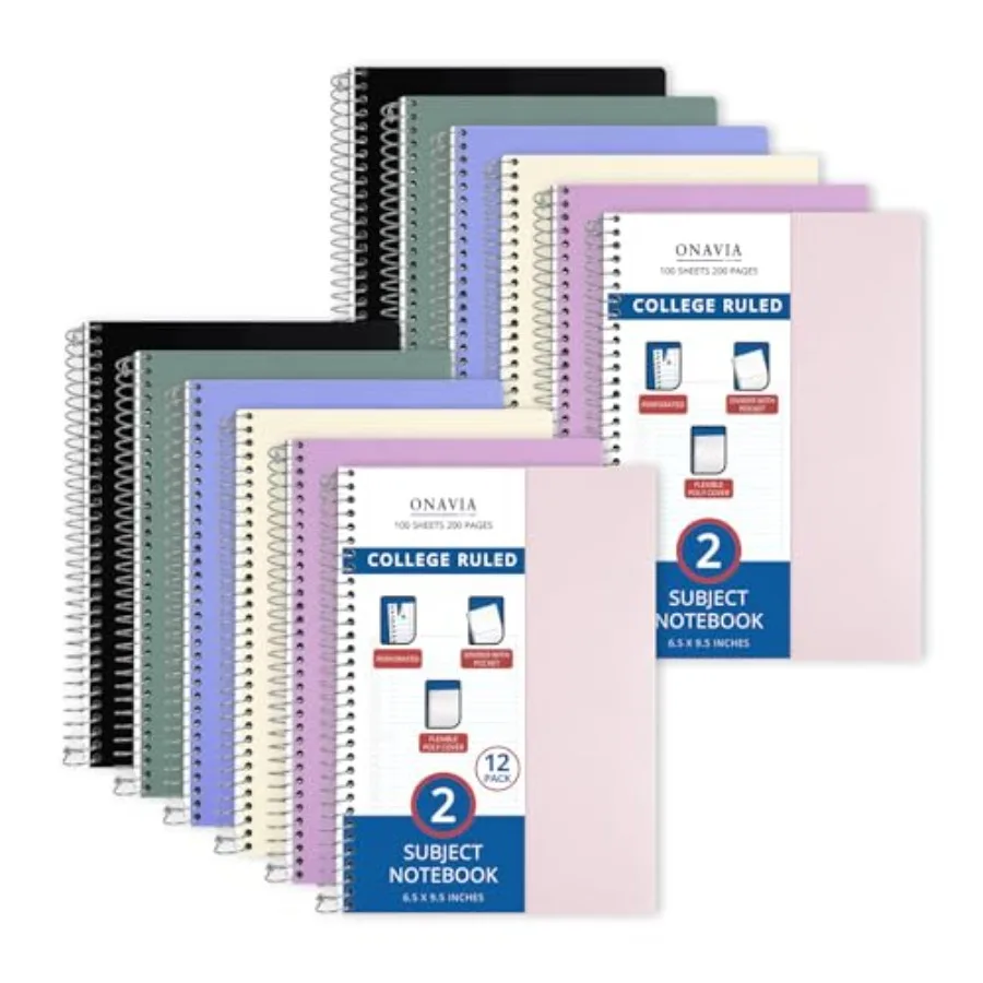 

2 Subject Spiral Notebook,,College Ruled, 6 x 9.5 in, 100 Sheets Each, Poly Cover Bulk School Notebooks for Teachers, Study, Ho