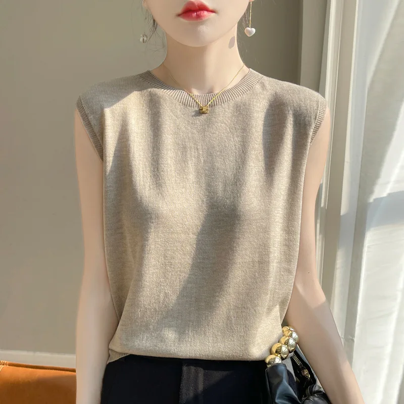 Topy damskie Dzianinowe podkoszulki O-neck Bez rękawów Koszulki z dołem Wiosna Lato Tank Top Solidny Miękki Koreański Moda Damska Dzianinowy Top — zdjęcie 5