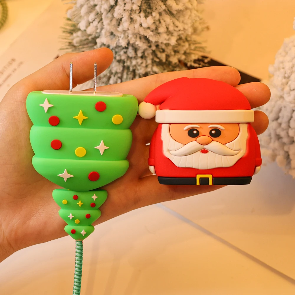 Christmas Cartoon Santa Tree Charger Protector Sleeve for Apple 18/20W Power Adapter Silicone Case Anti-break Spiral Cable Saver