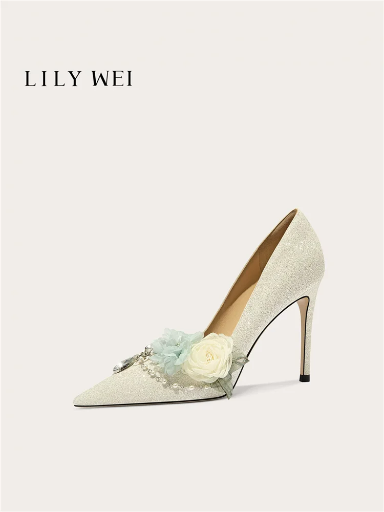 Spring pointed pearl rhinestone mesh flower glitter wedding shoes banquet large size small size slim heel high heels women shoes