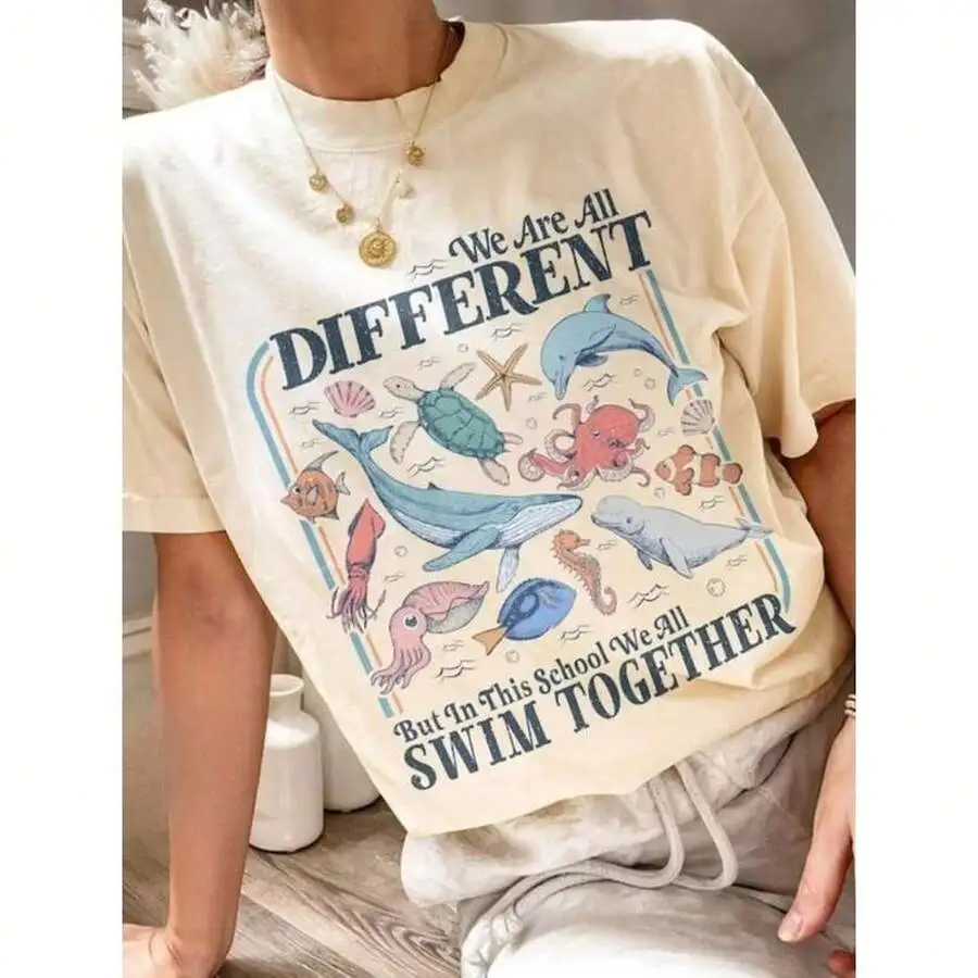 2026 Fashion New Women Crew Neck Short Sleeve T Shirt We All Swim Together Ocean Turtle Animal Graphic Print Teacher Back To School Classroom Casual Basic Top Tee