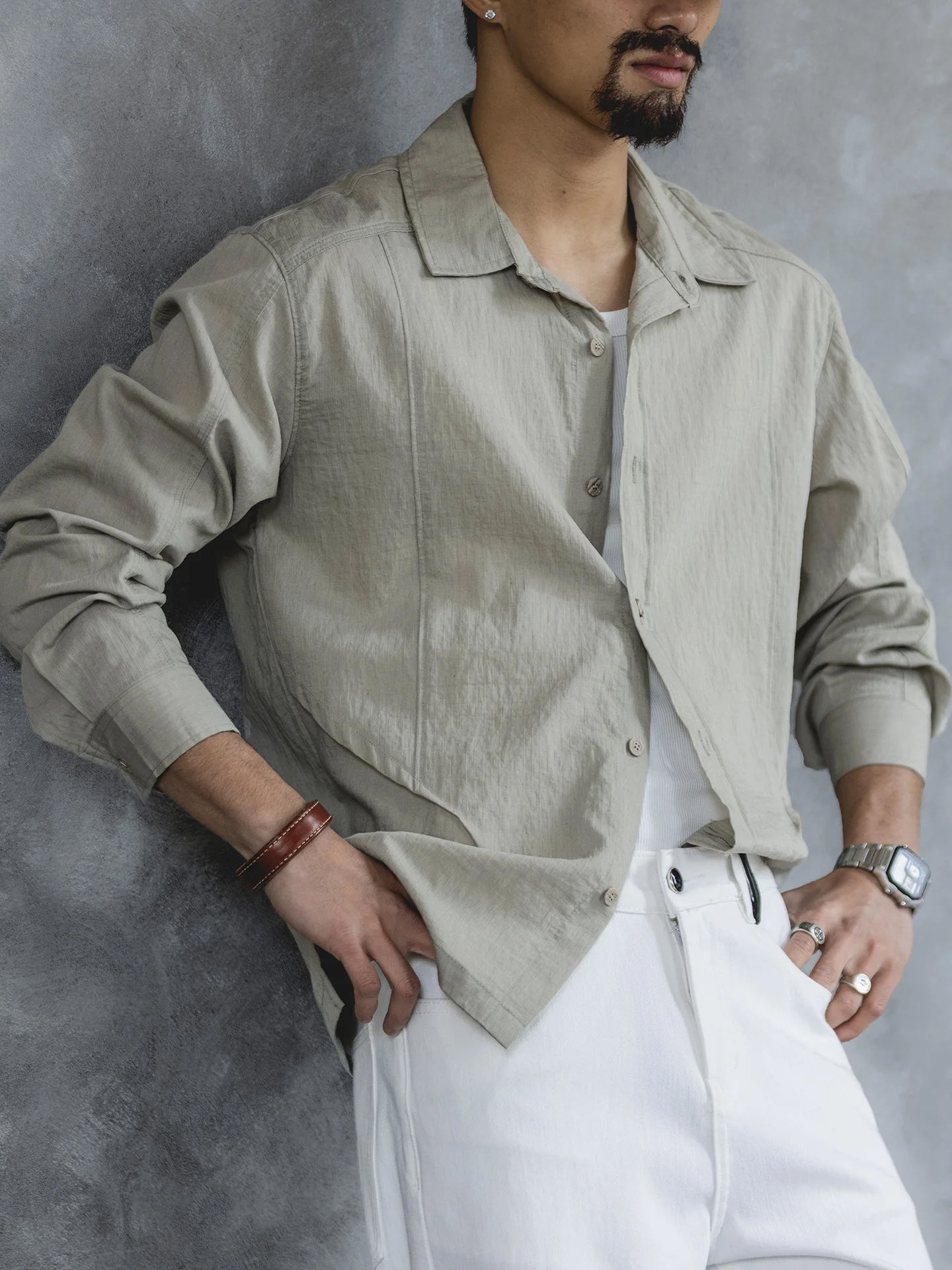 American Casual Design Patchwork Long Sleeve Men's Shirt Loose Fit Breathable Lightweight Spring Autumn Season Fashion