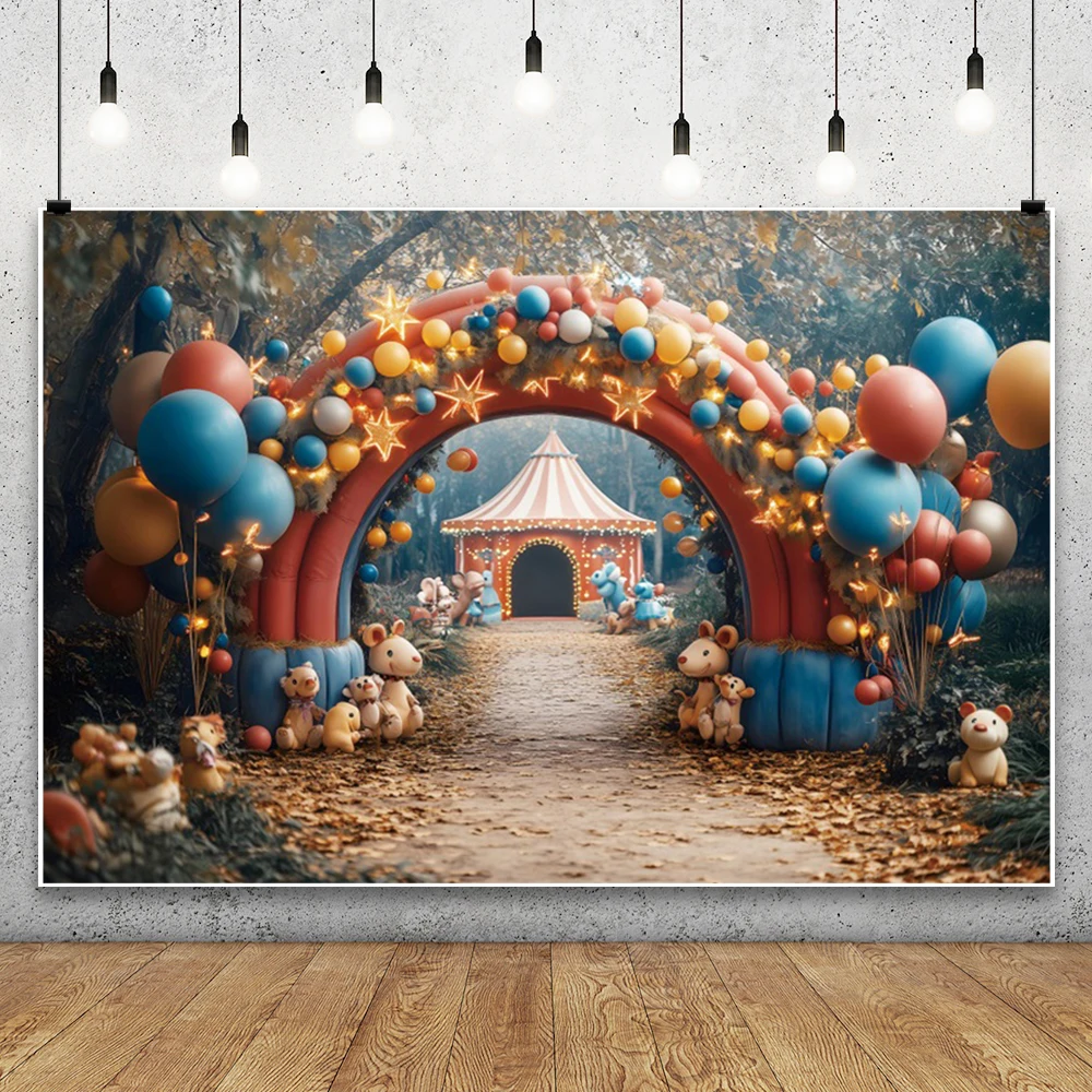 Telón de fondo de fotografía con tema de circo para niño y niña, globo de fiesta de cumpleaños, carpa de bosque de animales, Fondo de pastel para niño, utilería de estudio fotográfico