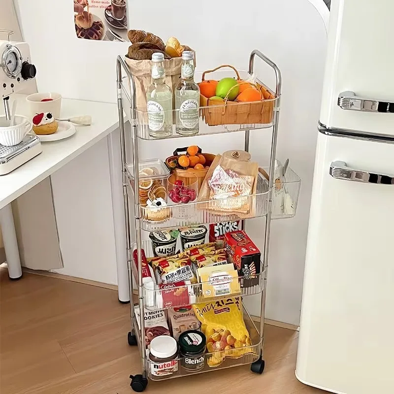 3/4 Layer Rolling Trolley Storage Rack Movable Trolley With Hanging Basket Bathroom Storage Makeup Snack Organizer Transparent