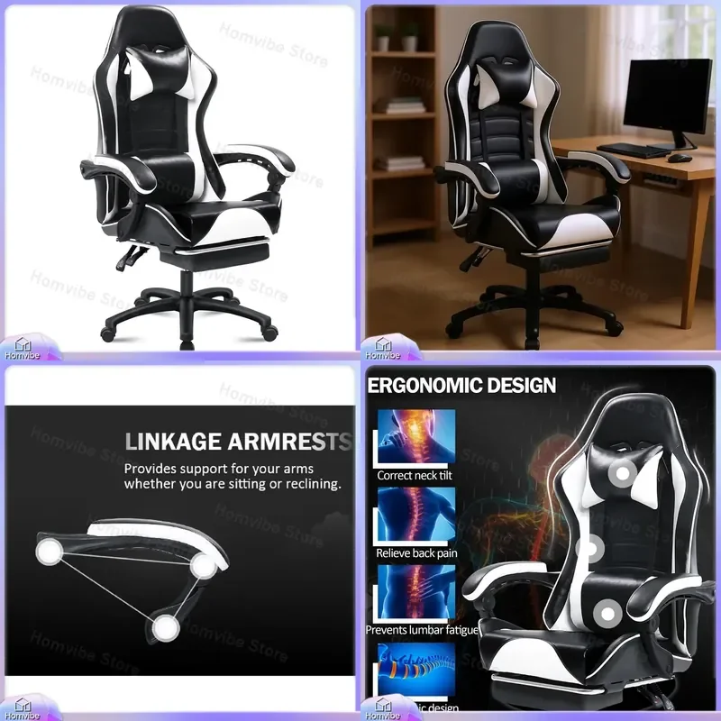 Cadeira de Jogos Ergonômica em Couro PU Preta e Branca com Suporte Lombar, Giratória 360 Graus e Reclinável Ajustável