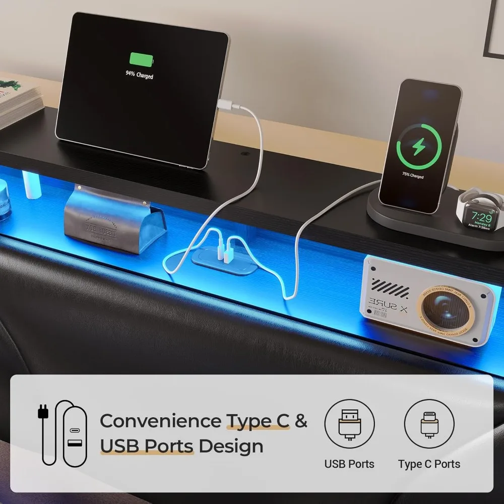 DICTAC Queen Floating Bed Frame with Storage Headboard and LED Lights Queen Size Visual Floating LED Bed Frame with Type-C & USB