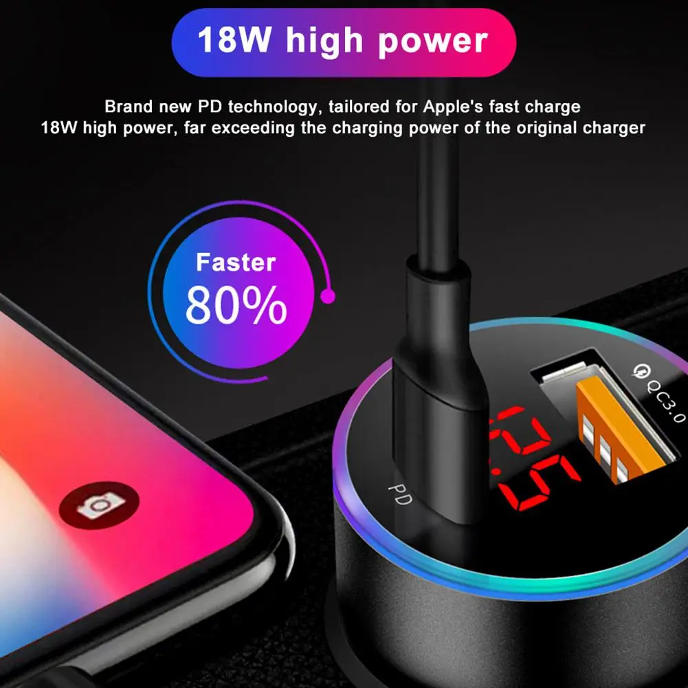 PD USB Car Charger USB LCD Display Mini Quick Charge 3.0 6A 36W QC3.0 for iphone 12 Type C Phone