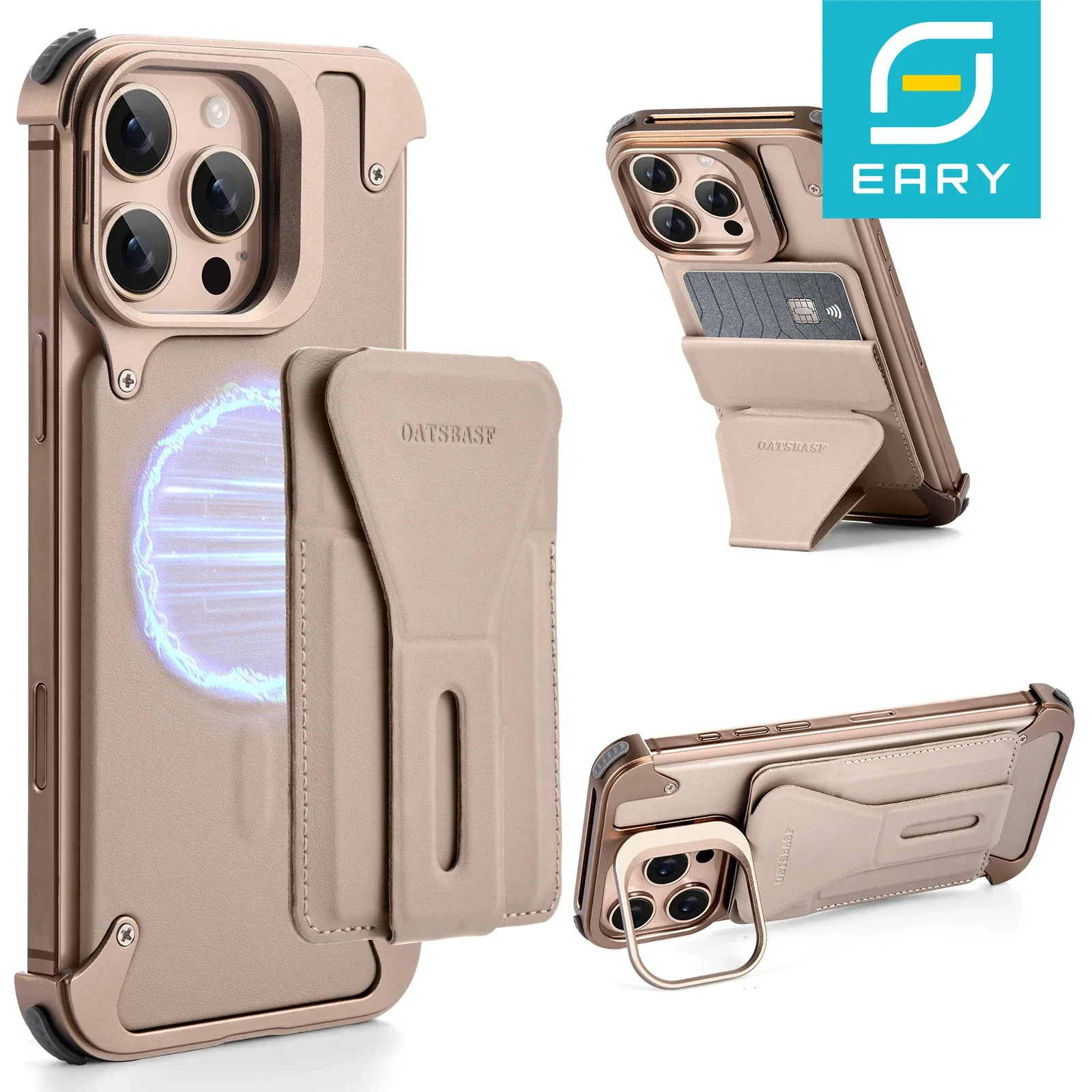 Eary for iPhone 16 Pro Max Phone Case with Stand Magnetic Wallet Card Holder Card Slot Wireless Charging Bumper Protective Cover