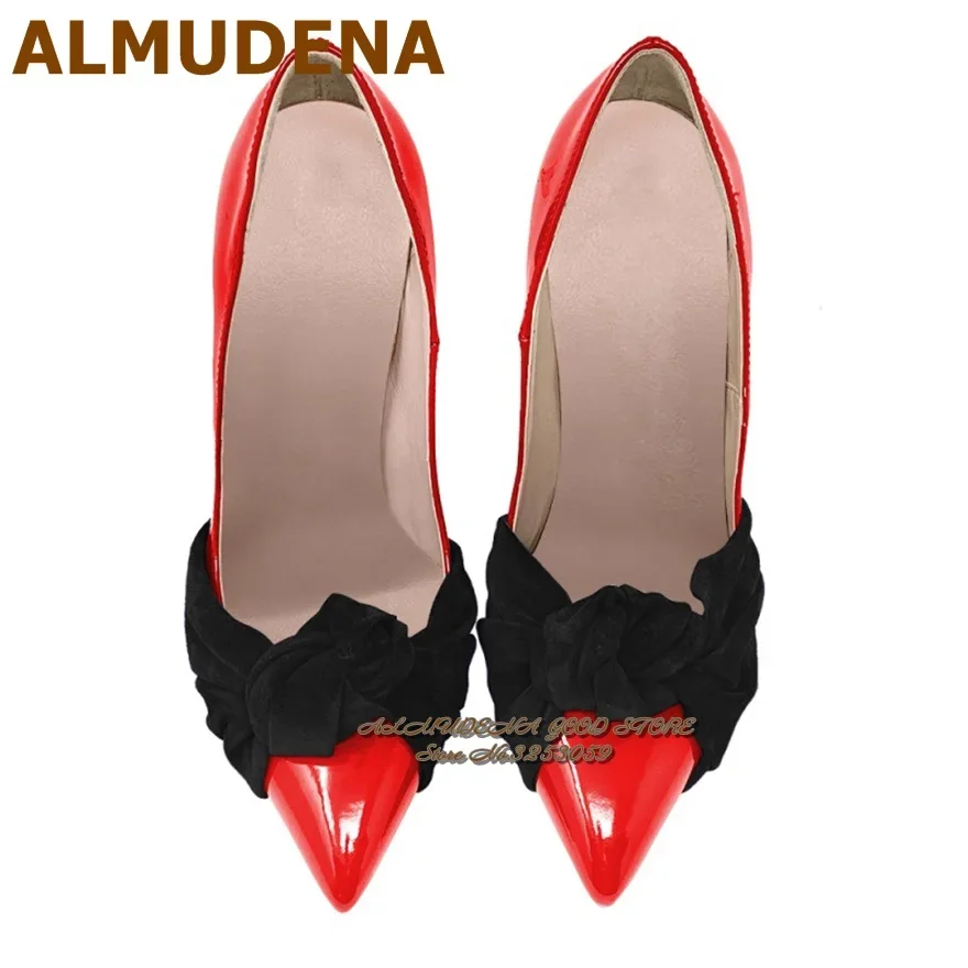 ALMUDENA Luxury Velvet Butterfly-Know Wedding Shoes Red Royal Blue Patent Leather Patchwork Bowtie Embellished Banquet Pumps