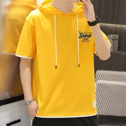 Fashion O-Neck Printed Spliced Fake Two Pieces Hooded T-Shirts Men's Clothing 2024 Summer New Loose Korean Tops Casual Tee Shirt