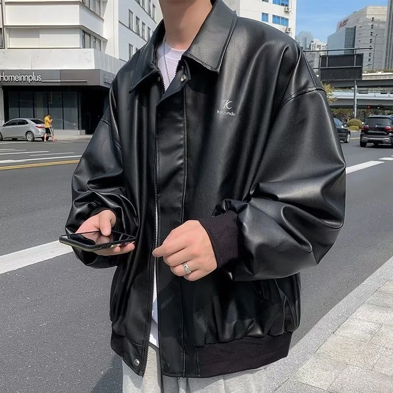 

American Retro PU Leather Jacket for Men Oversized Badass Streetwear Luxury Autumn Winter Coat with Trendy Edgy Design​