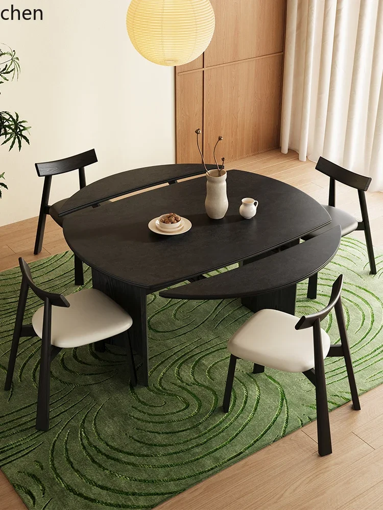 W5.19 Retro Solid Wood Folding Dining Table Extendable Convertible Round Table Black Rock Slab Small Apartment