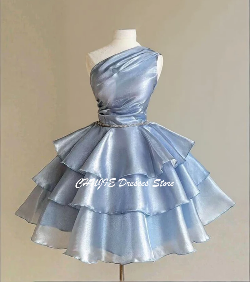 

Light Blue A Line Tiered Graduation Dress Homecoming Dresses For Teen One Shoulder Sweet 15 16 Mini Evening Prom Party Gowns