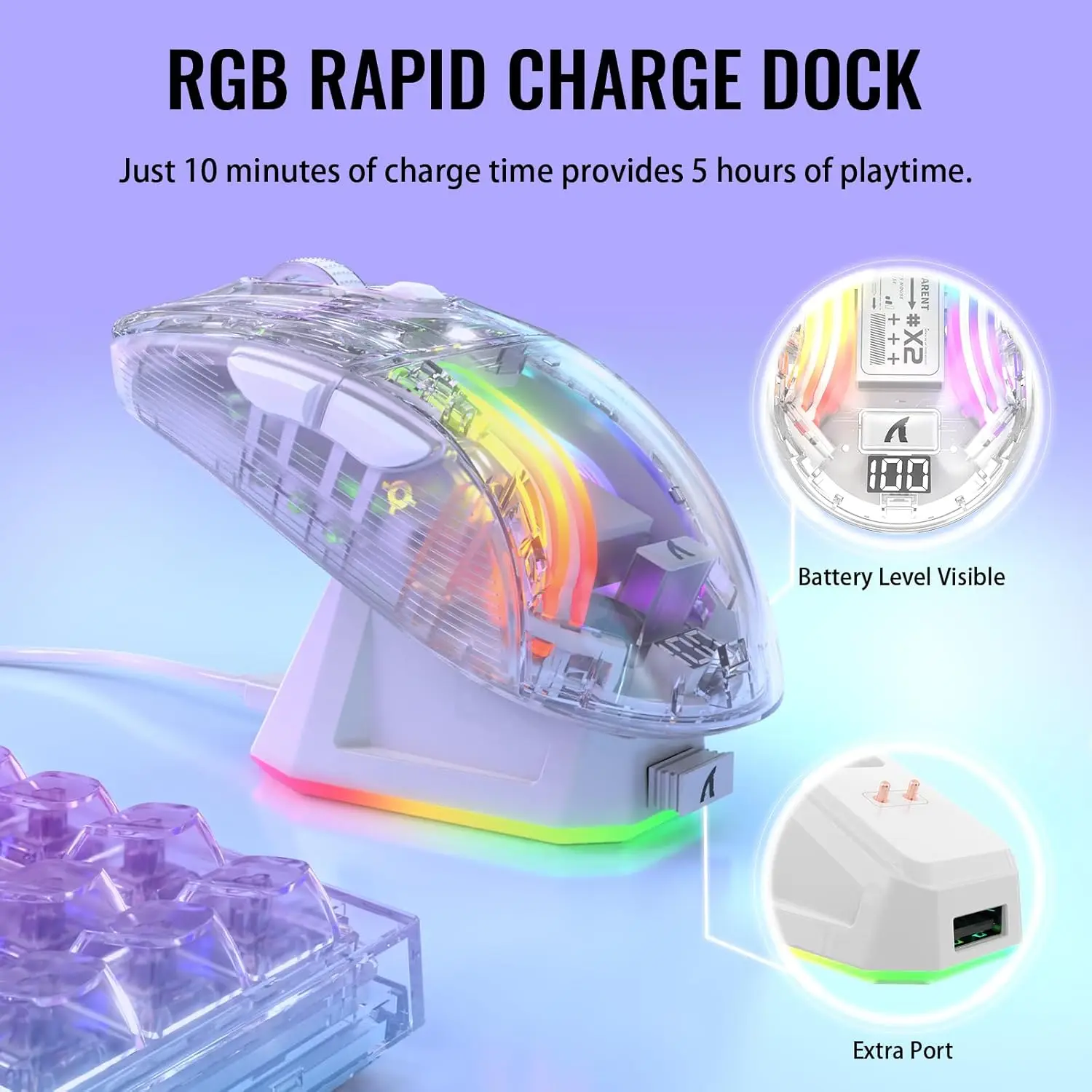 Imagem -03 - Pro Tri-mode Gaming Mouse com Rgb Dock de Carregamento Shell Transparente Pixart 3212 até 4000 Dpi Rgb Backlit Attack-x2