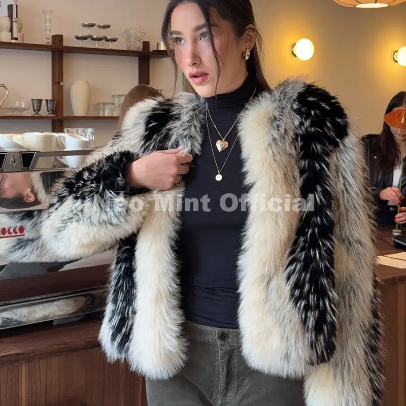 Neo Mint Luxury Brand Design Striped Patchwork Fur Jacket Women Winter Fluffy Faux Fox Fur Coats Chic Girls Thick Warm Outerwear