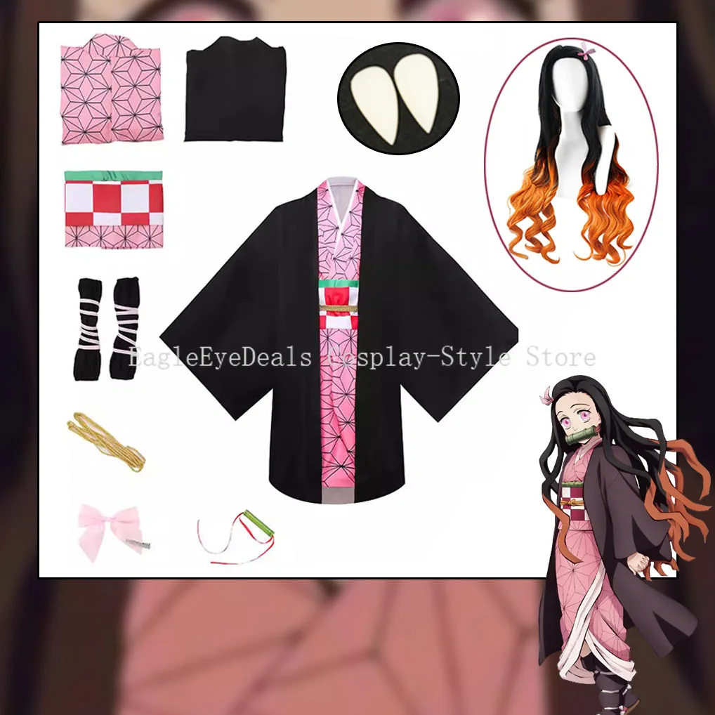

Камадо Незуко Косплей Костюм Аниме Полный Комплект Парик Розовое Кимоно Твист Узор Черное Перо Хэллоуин Костюмы для Женщин Взрослых Девочек