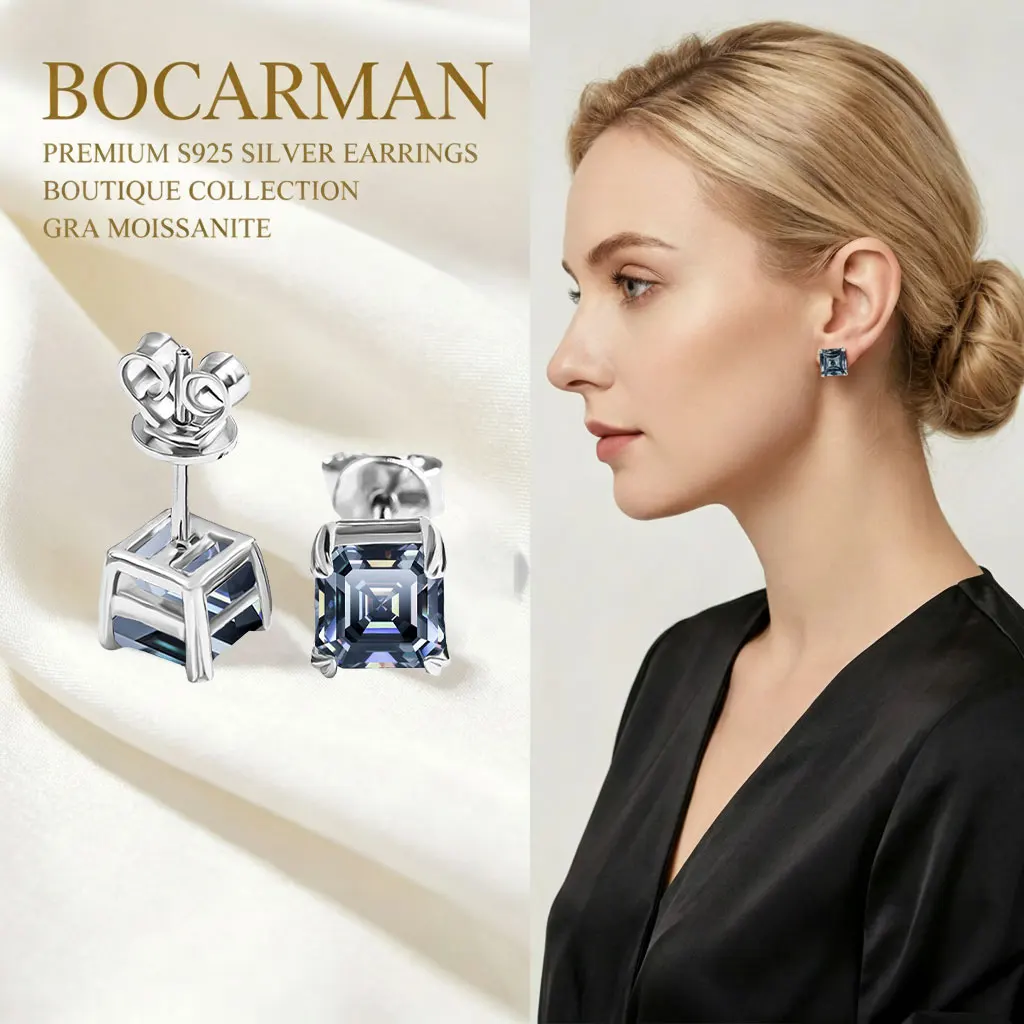 High-Quality S925 Silver Plated 18K Gold Earrings for Women, 1-2 Carat Ascher Cut Moissanite, Classic Minimalist Fashion, Ideal