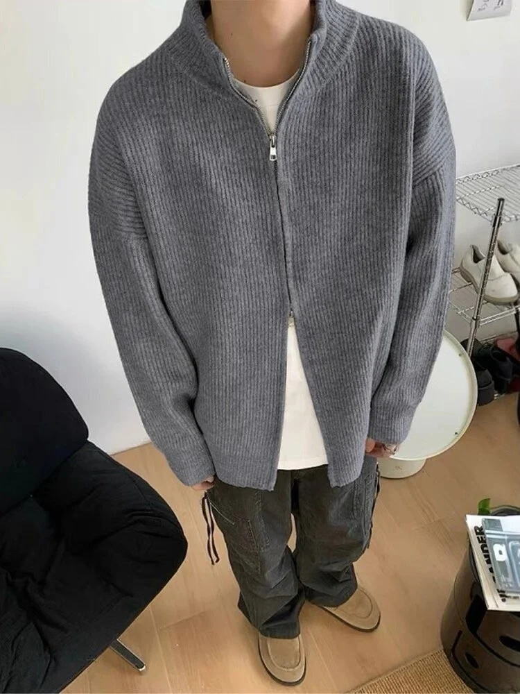 

Cleanfit Student Lazy Sle High Collar Knitted Cardigan Double Zipper Loose Outerwear Sweater Warm Comfortable Winter Faion