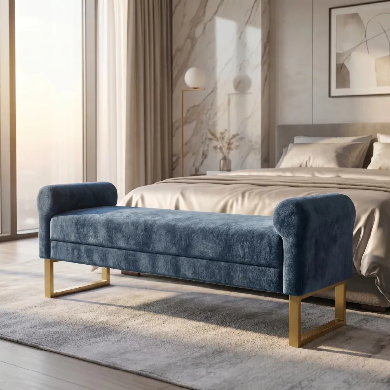 Upholstered end bench, gold metal legs, luxury bedroom entrance bench