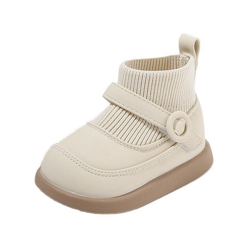 Baby Girls Fashion Boots With Thin Velvet,Solid Beige Khaki Infant Woman Knitting Winter Shoes,Soft Sole Toddler Dress Shoes