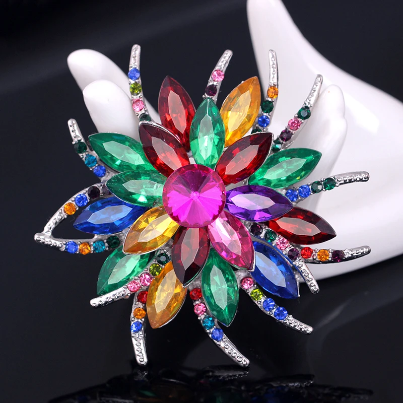 Imitation Gemstone Crystal Flowers Brooches Pins Vintage Large Wedding Brooches Bouquet For Women Dress Accessories