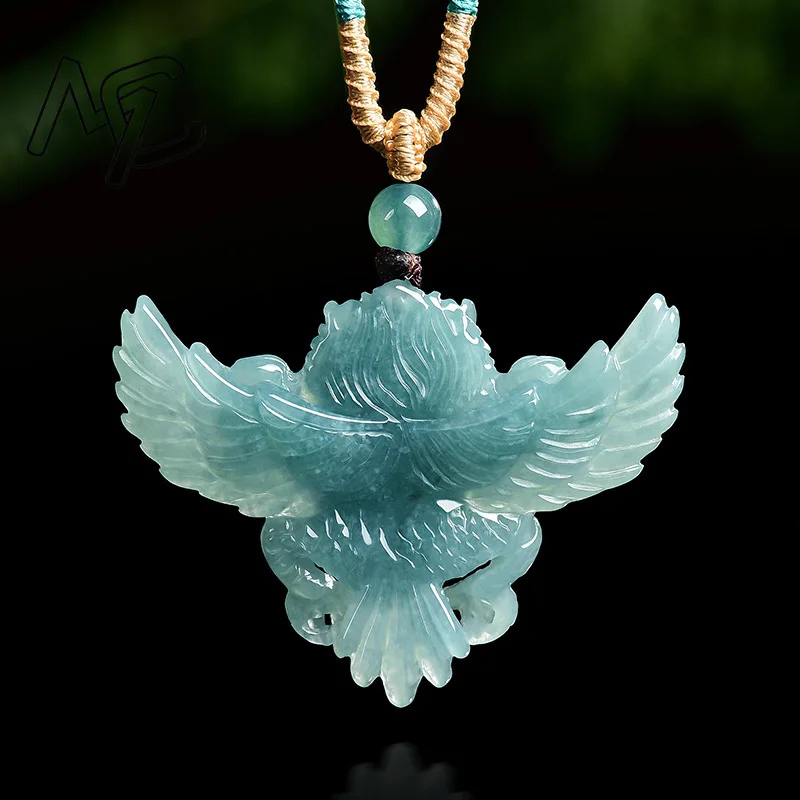 Real Natural Emerald Jade Blue Water Garuda Roc Pendant Necklace Carved Charm Jadeite Jewelry Fashion Amulet Gifts Certificate view 2