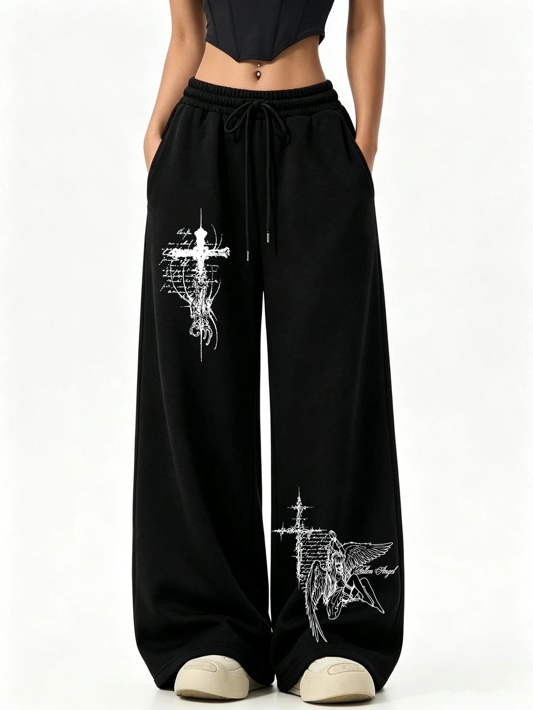 Men Women Straight‑Leg Long Pants,3D Dark Gothic Angel Cross Graphic Print Quick Dry Trousers Elastic Unisex Street Pants